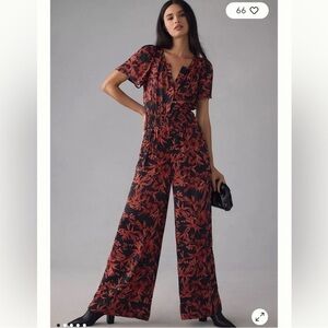 Anthropologie The Somerset Floral Jumpsuit Satin Red Small Wedding Festival Chic
